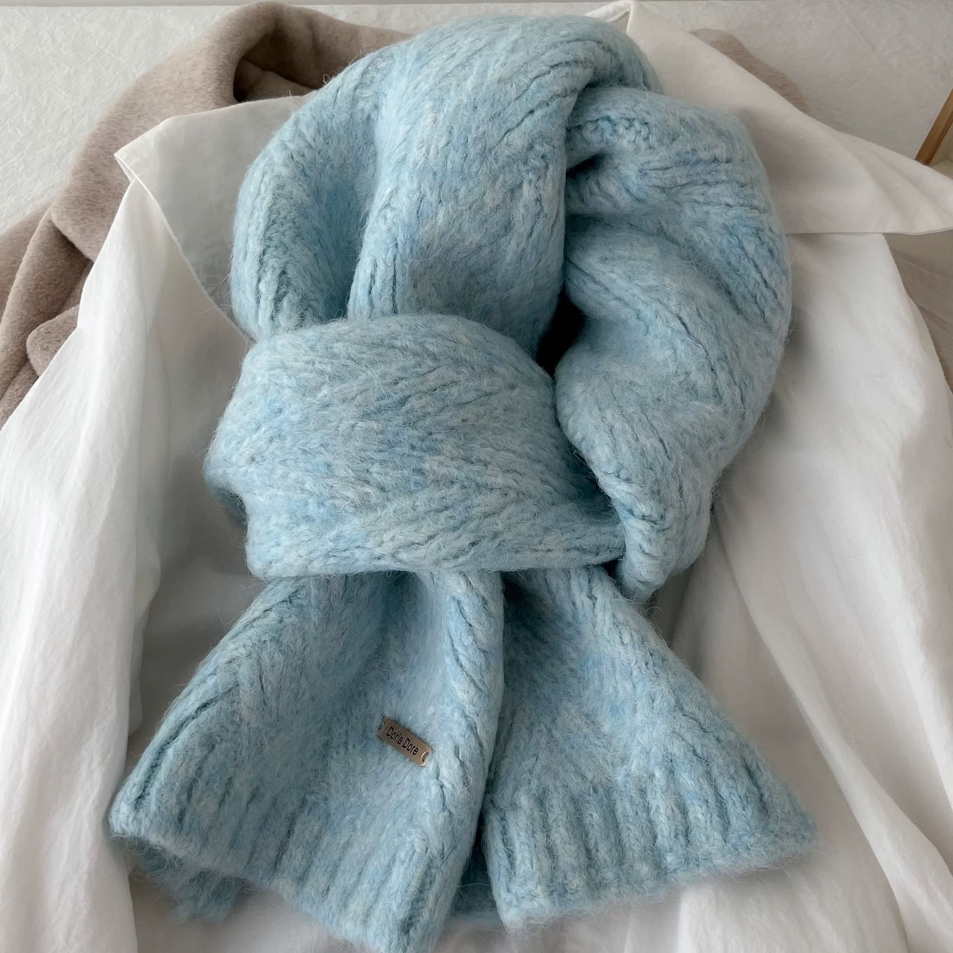 Blue Alpaca Wool Blend Solid Color Knitted Scarf for Women Winter New Style