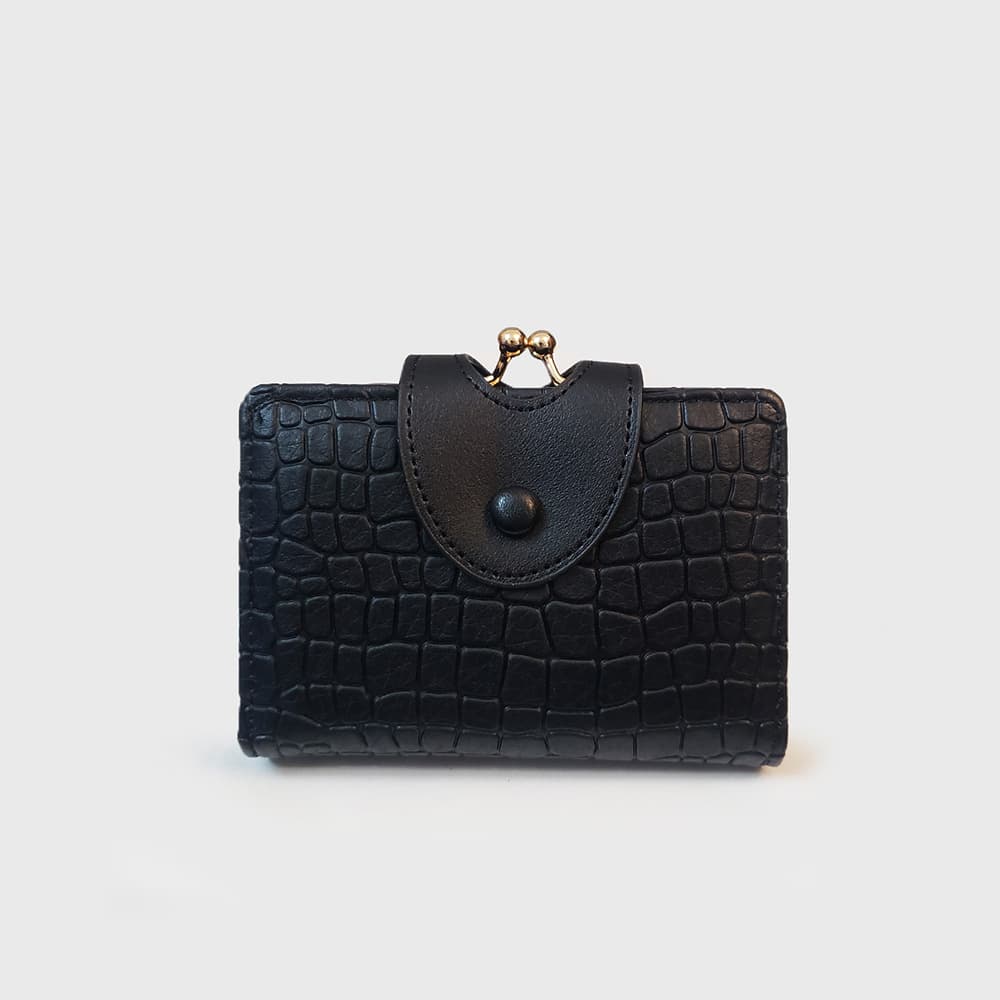 Black Croc Embossed Women's Wallet - Short PU Leather Bifold with Removable