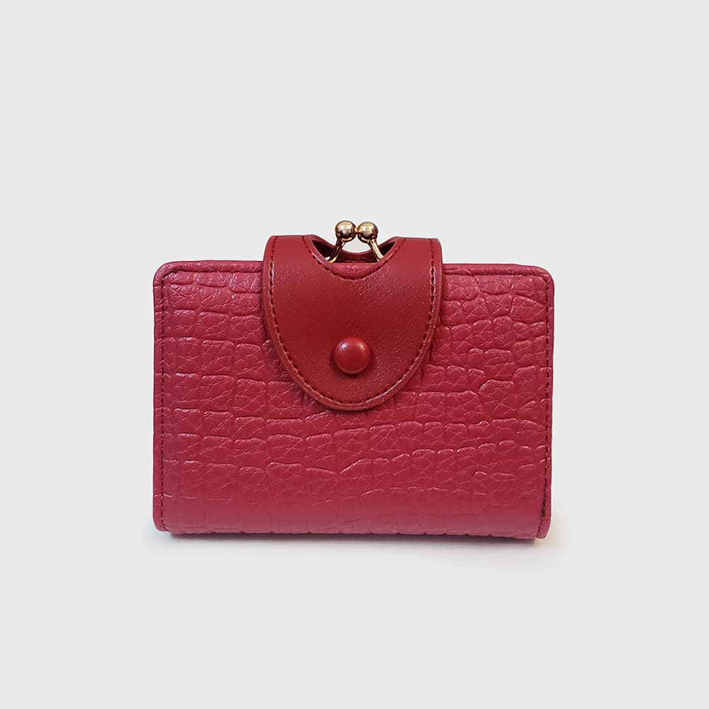 Red Croc Embossed Women's Wallet - Short PU Leather Bifold with Removable