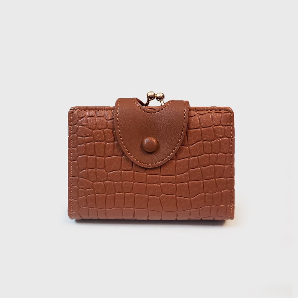 Brown Croc Embossed Women's Wallet - Short PU Leather Bifold with Removable