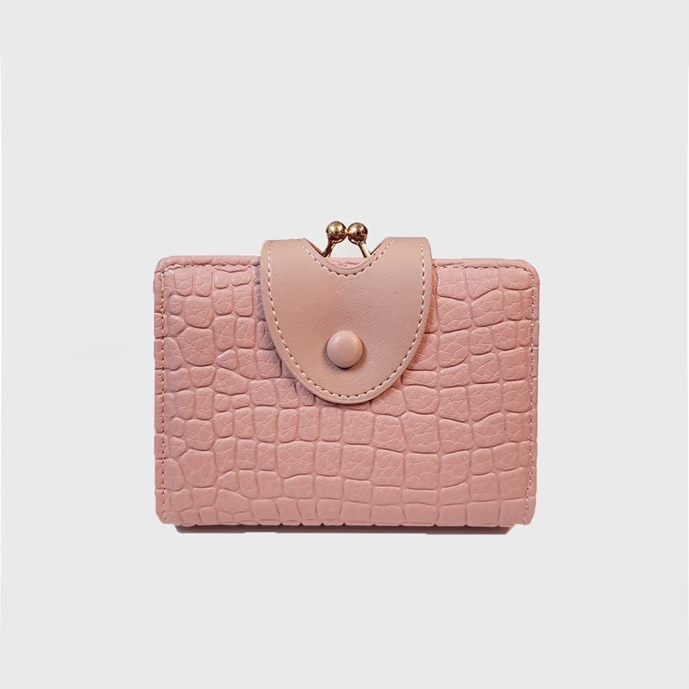 Pink Croc Embossed Women's Wallet - Short PU Leather Bifold with Removable