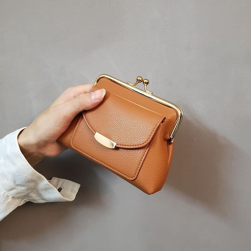 Brown Vintage Style Women's Kiss Lock Coin Purse - Compact PU Leather Wallet