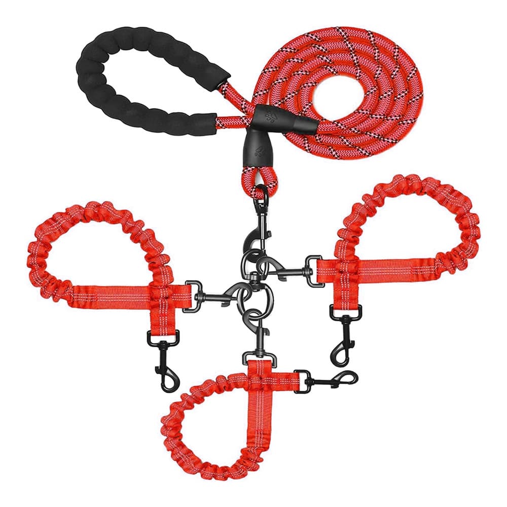 Red 3-in-1 Tangle-Free Dog Leash for 1-3 Dogs - Heavy Duty Bungee Coupler