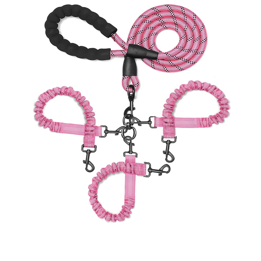 Pink 3-in-1 Tangle-Free Dog Leash for 1-3 Dogs - Heavy Duty Bungee Coupler