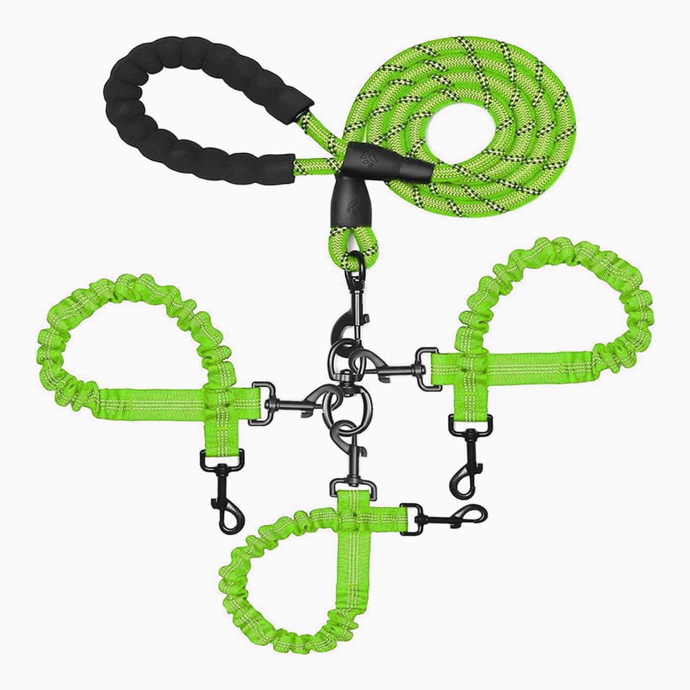 Green 3-in-1 Tangle-Free Dog Leash for 1-3 Dogs - Heavy Duty Bungee Coupler