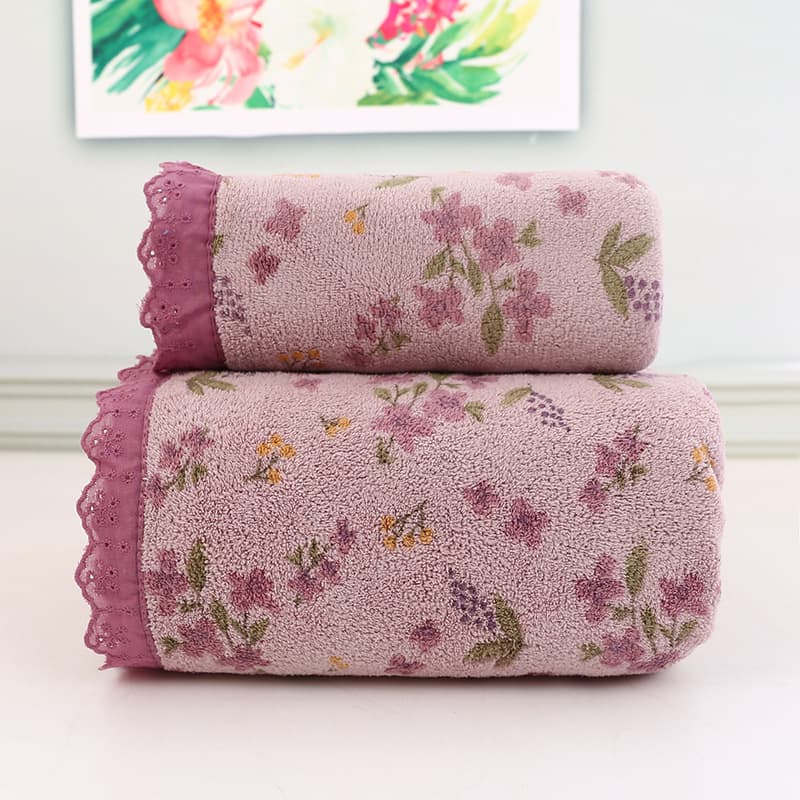 Purple Vintage Floral Lace Trim Towel Set - Ultra Soft Absorbent Coral