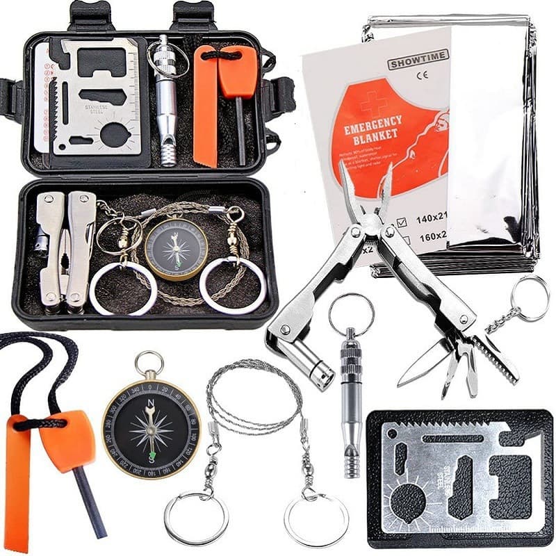 Black 8-in-1 Emergency Survival Kit - Compact Outdoor Gear for Camping