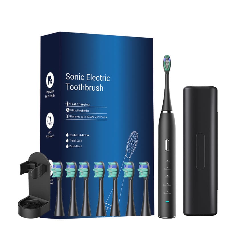 Black Sonic Rechargeable Electric Toothbrush with 8 Heads & Travel - USB
