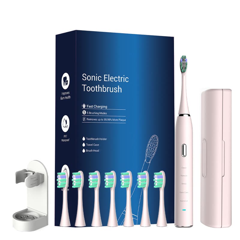 Pink Sonic Rechargeable Electric Toothbrush with 8 Heads & Travel Case - USB