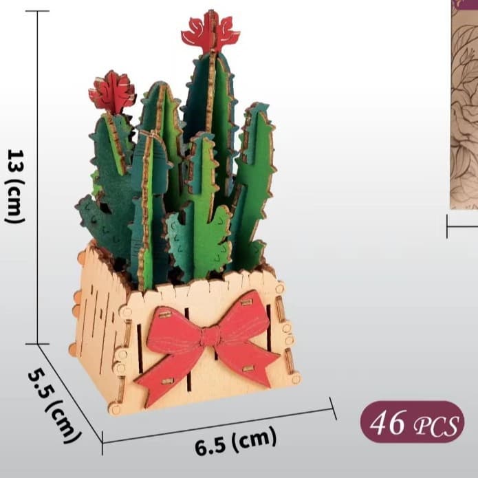 Thousand Flowers DIY 3D Wooden Cactus Puzzle with Red Flowers - 46-Piece