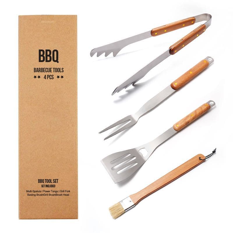 4-Piece BBQ Tool Set with Rubberwood Handles - Kraft Box