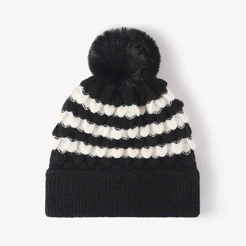2-PCS Black Two-Tone Pom-Pom Ear Warmer Knit Hat - Lined for Women