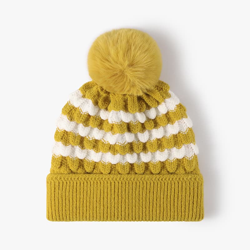 2-PCS Yellow Two-Tone Pom-Pom Ear Warmer Knit Hat - Lined for Women