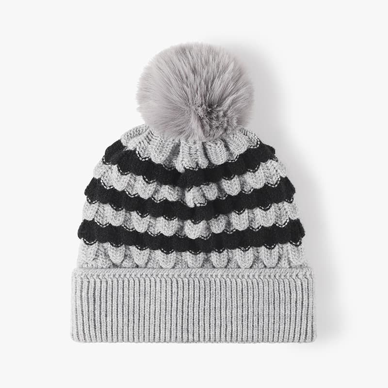 2-PCS Grey Two-Tone Pom-Pom Ear Warmer Knit Hat - Lined for Women