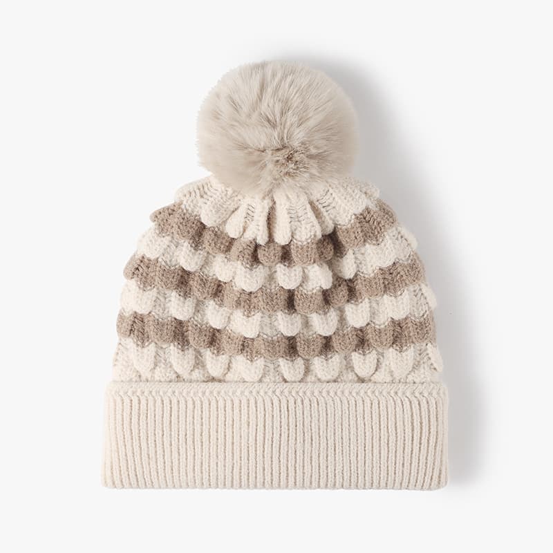 2-PCS Beige Two-Tone Pom-Pom Ear Warmer Knit Hat - Lined for Women