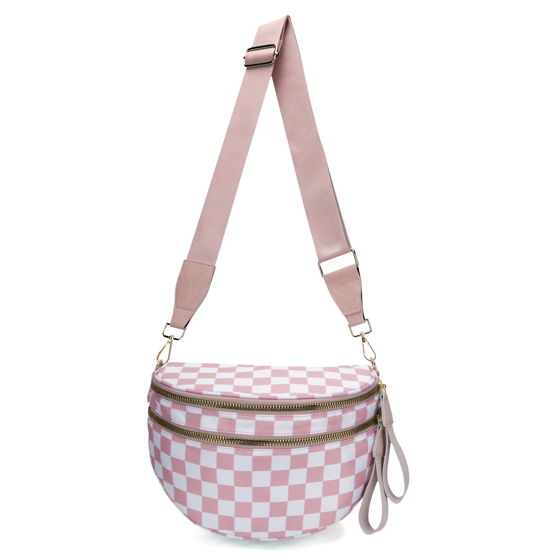Pink Checkered Trendy Sling Bag - Women's Crescent Crossbody Purse with Wide