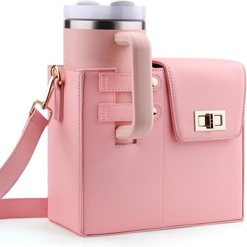 Pink Portable Insulated Water Bottle Carrier Bag with Adjustable Shoulder