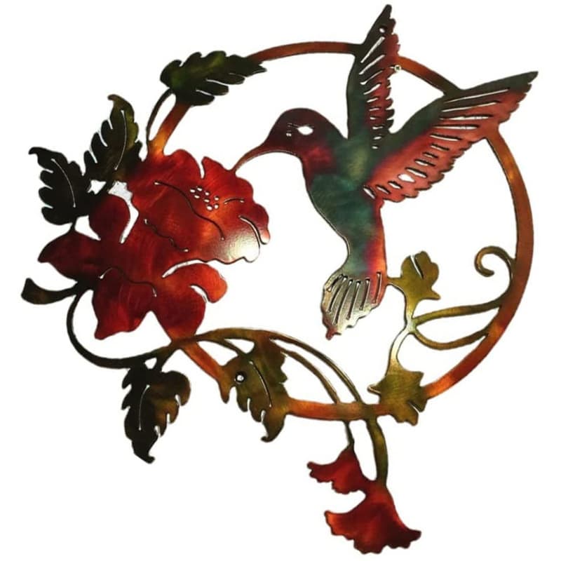 Red 2-Piece Set Round Metal Wall Art - Hummingbird & Flower Sculpture