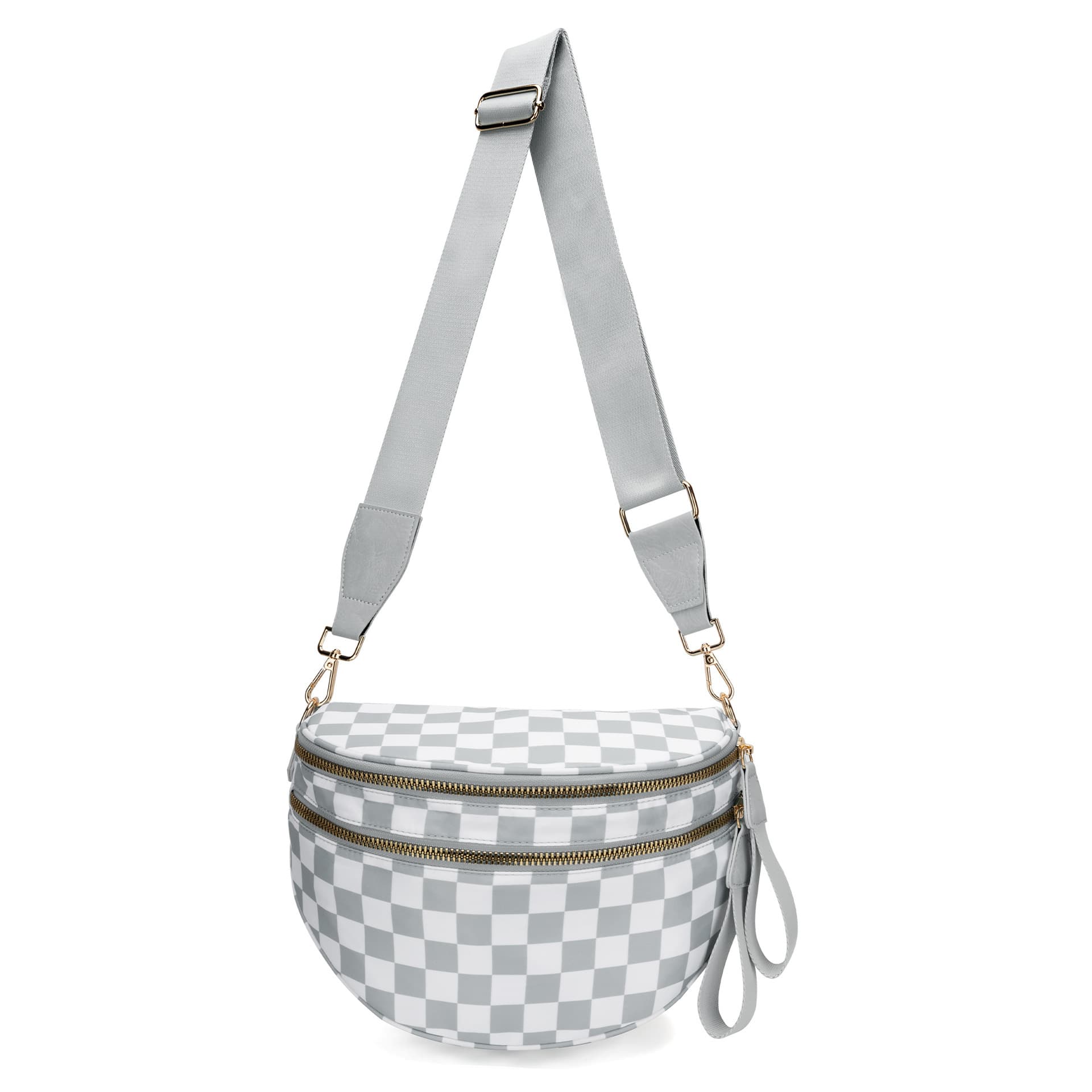 Light Grey Checkered Trendy Sling Bag - Women's Crescent Crossbody Purse
