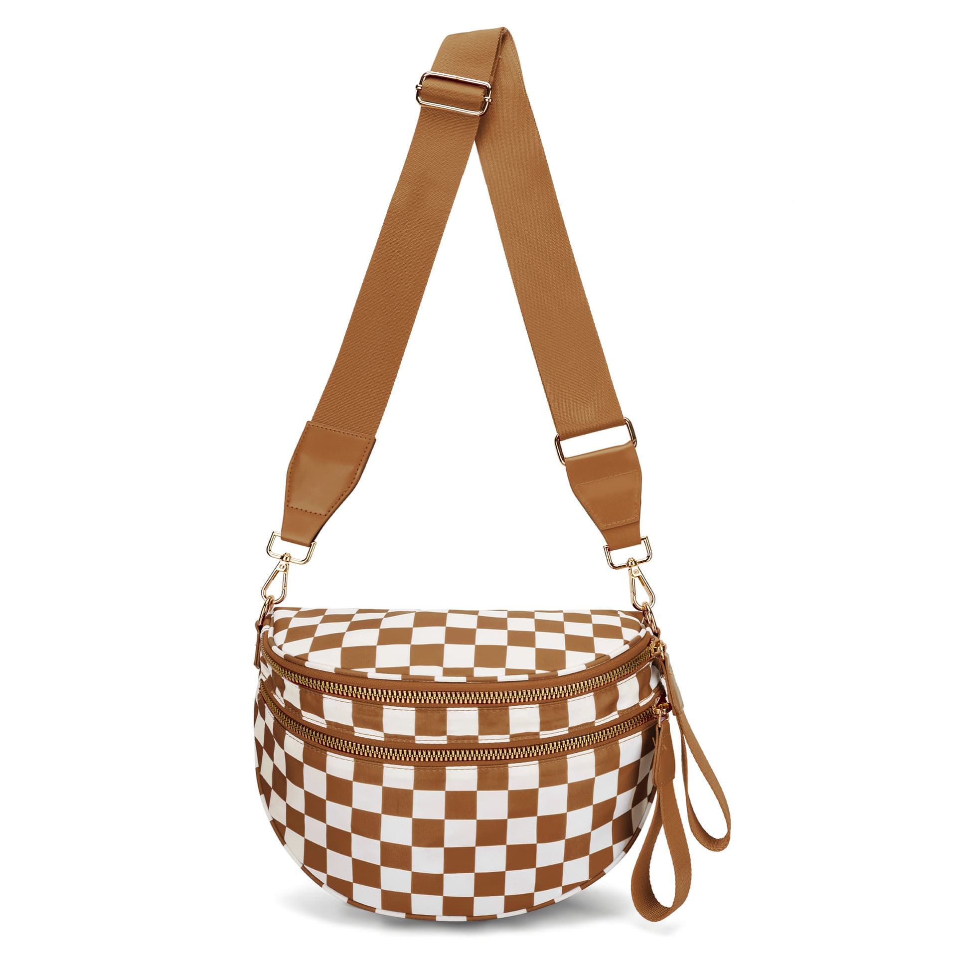 Light Brown Checkered Trendy Sling Bag - Women's Crescent Crossbody Purse
