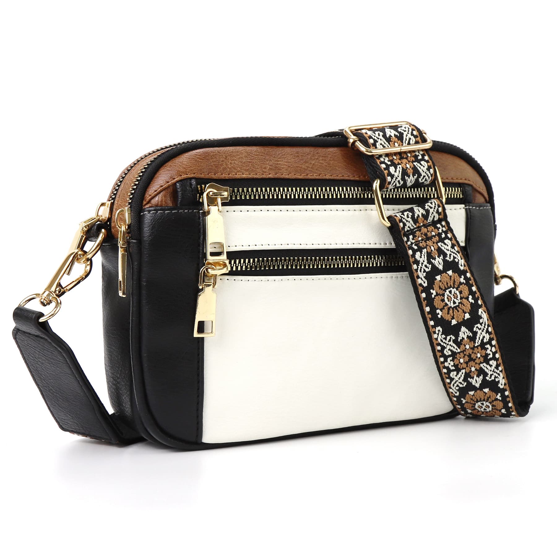 Double Zipper Black White Brown Quilted Crossbody Bag - Vintage PU Leather