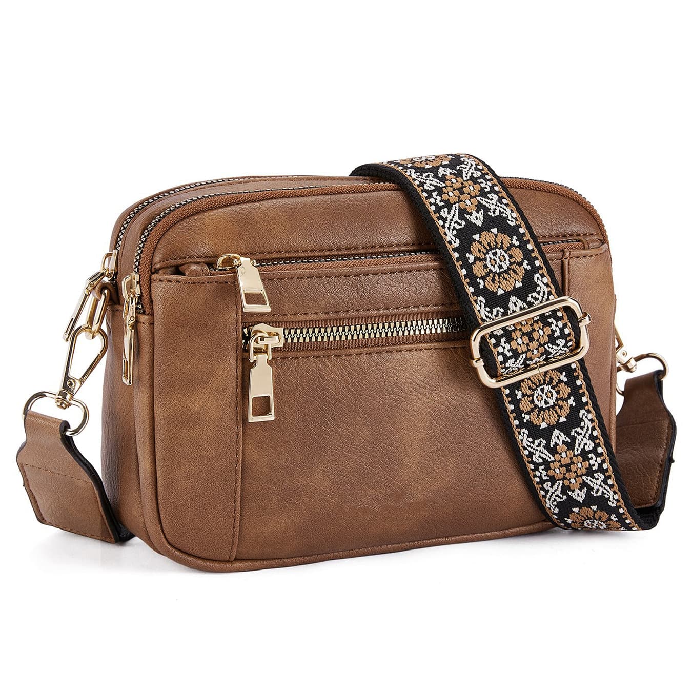 Double Zipper Brown Quilted Crossbody Bag - Vintage PU Leather Shoulder