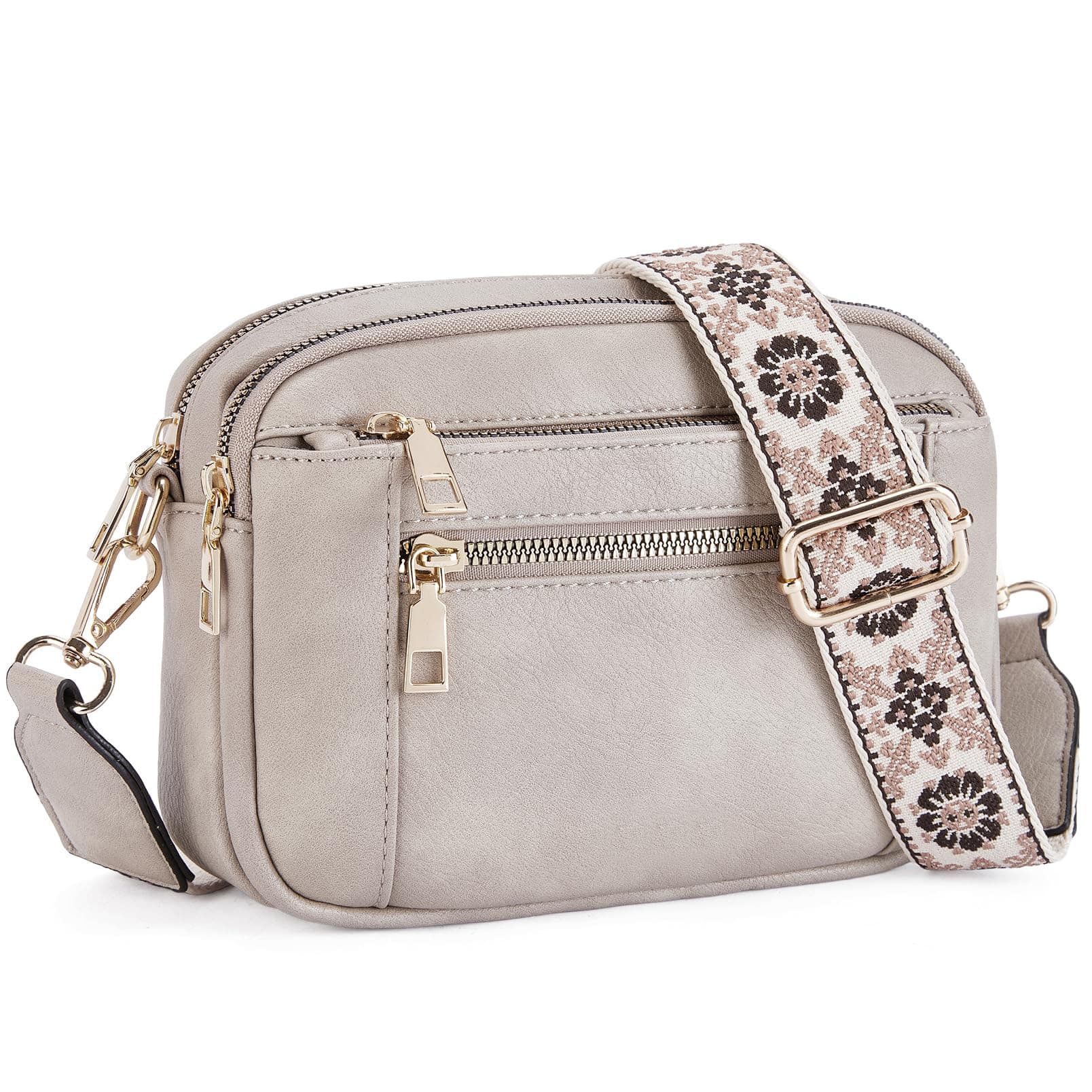 Double Zipper Grey Quilted Crossbody Bag - Vintage PU Leather Shoulder Purse