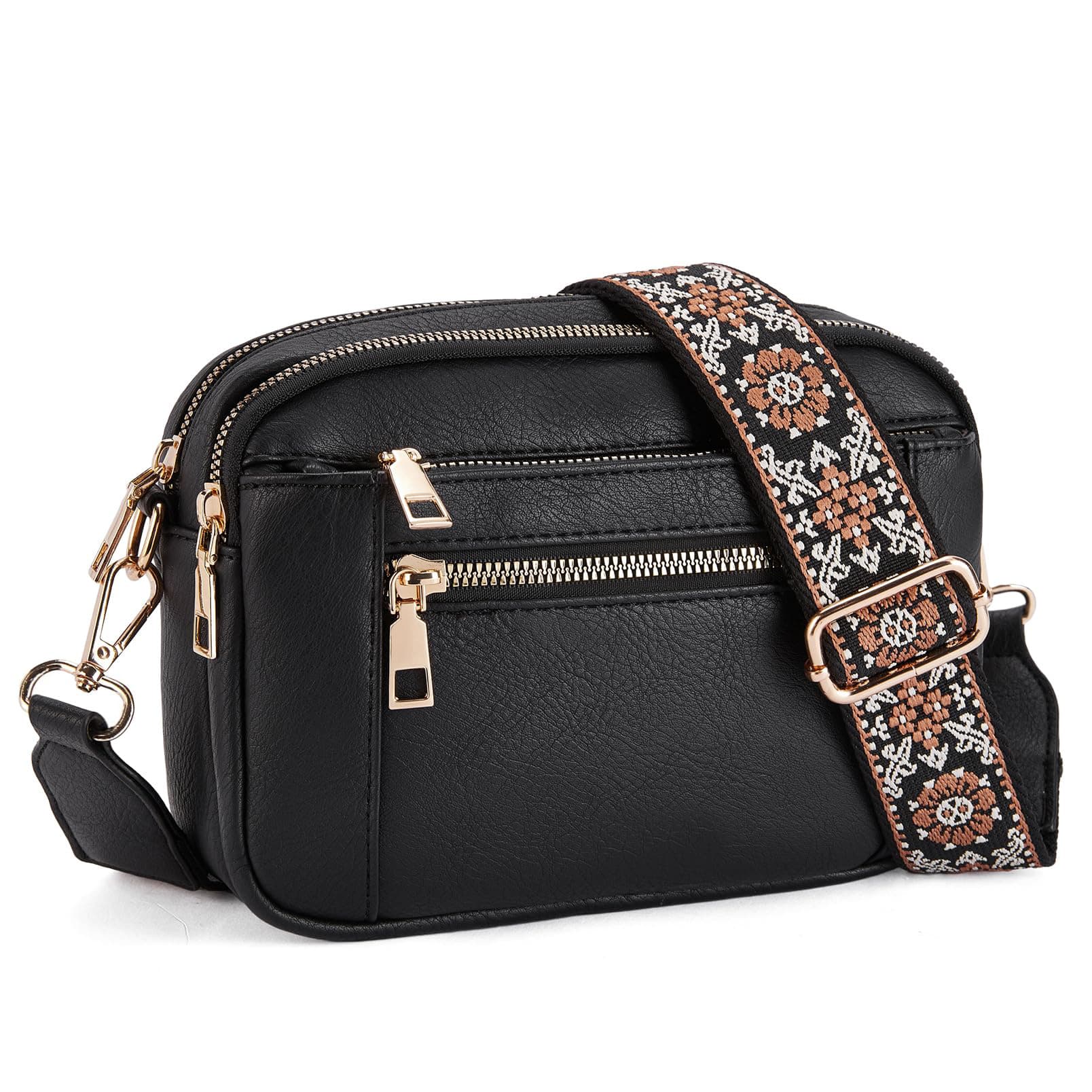 Double Zipper Black Quilted Crossbody Bag - Vintage PU Leather Shoulder