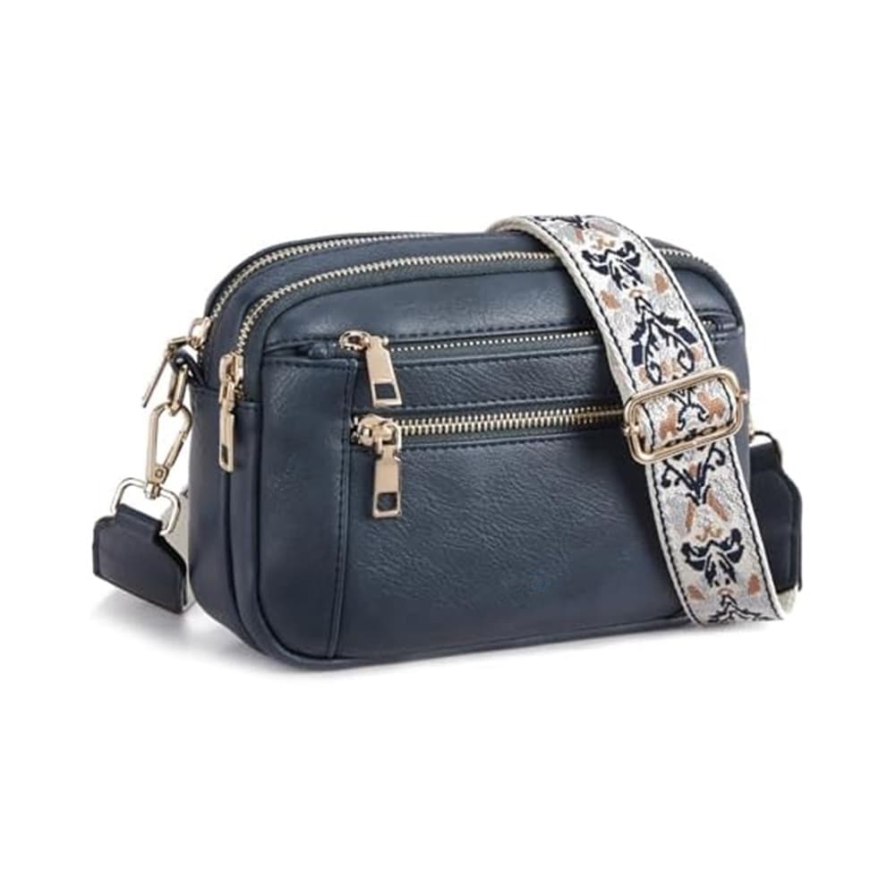 Double Zipper Blue Quilted Crossbody Bag - Vintage PU Leather Shoulder Purse