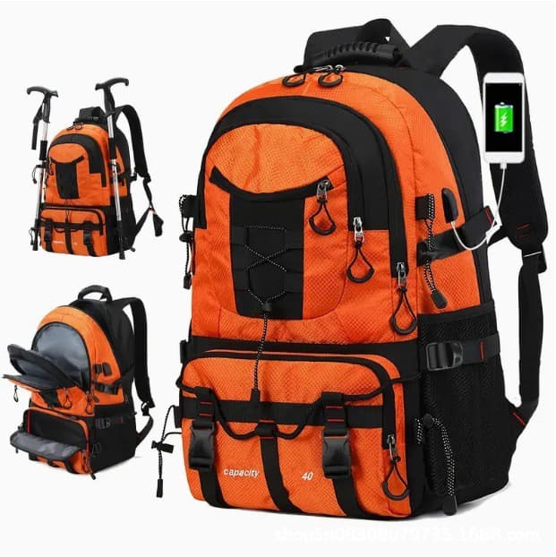 Orange 40L Large Capacity Travel Backpack - Water-Resistant Hiking Rucksack