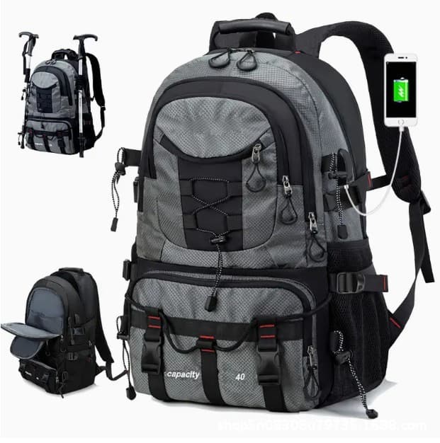 Grey 40L Large Capacity Travel Backpack - Water-Resistant Hiking Rucksack