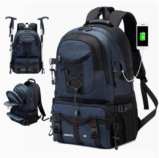 Blue 40L Large Capacity Travel Backpack - Water-Resistant Hiking Rucksack