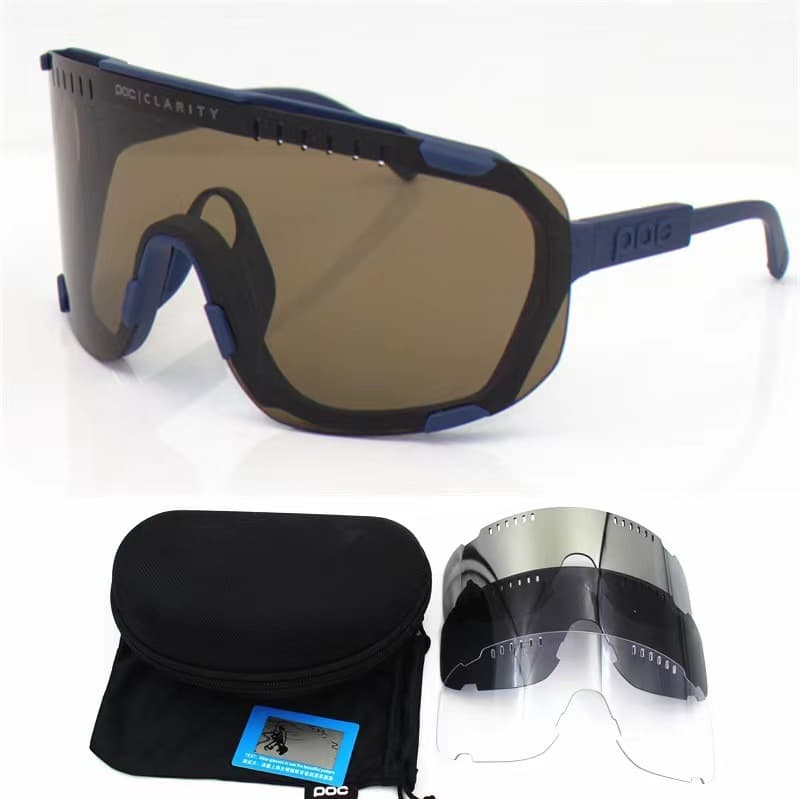 Dark Blue Frame Tea Chips Oversized Shield Cycling Sunglasses - Wide Vision