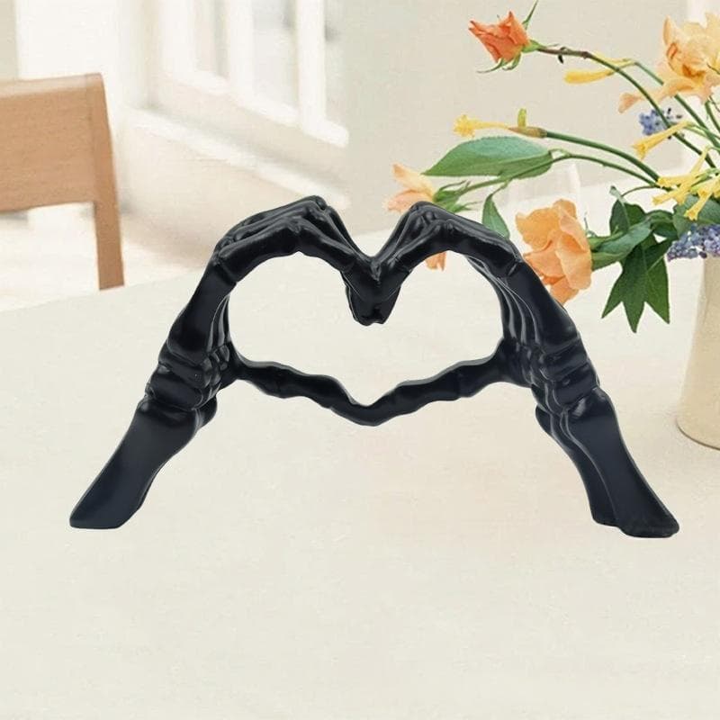 Black Gothic Skeleton Hands Heart Sculpture - Macabre Love Figurine for Home