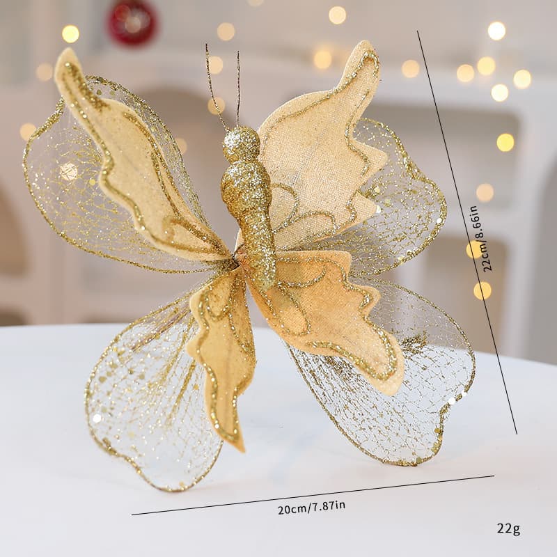Gold Large Glitter Butterfly Christmas Ornaments (2-Piece Set) - Clip-On