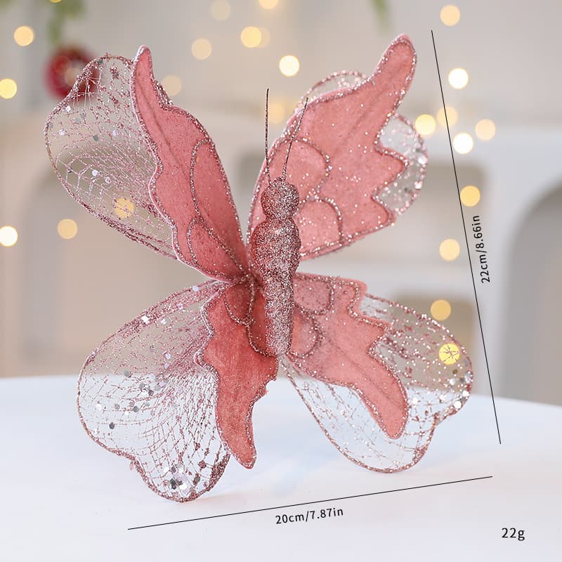 Rose Gold Large Glitter Butterfly Christmas Ornaments (2-Piece Set)