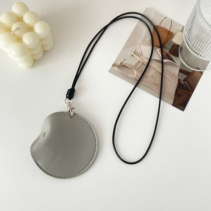Grey Leather Earbud Pouch with Lanyard - Portable & Compact Coin Purse