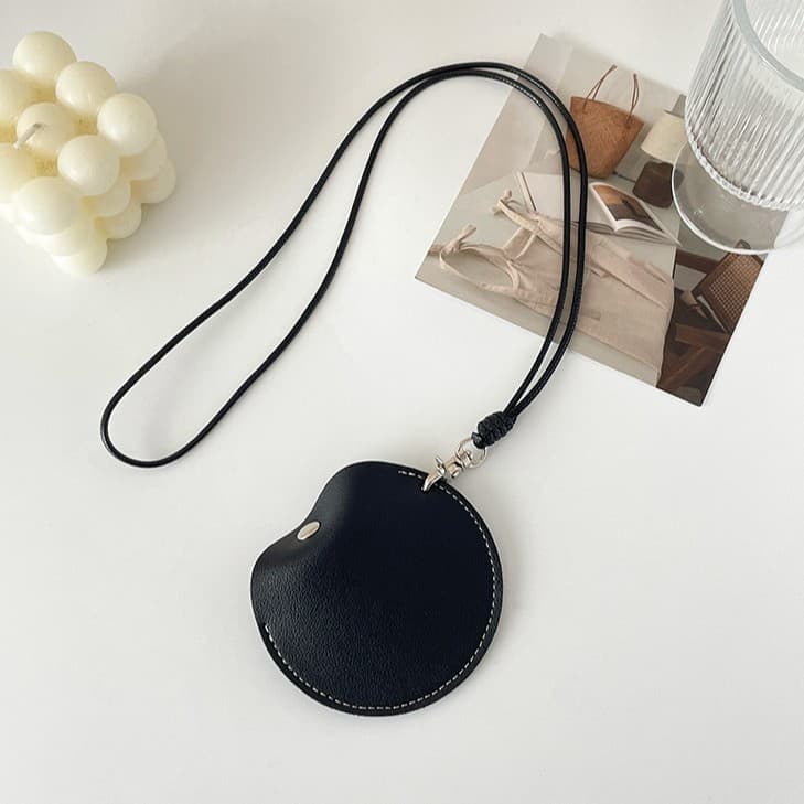 Black Leather Earbud Pouch with Lanyard - Portable & Compact Coin Purse