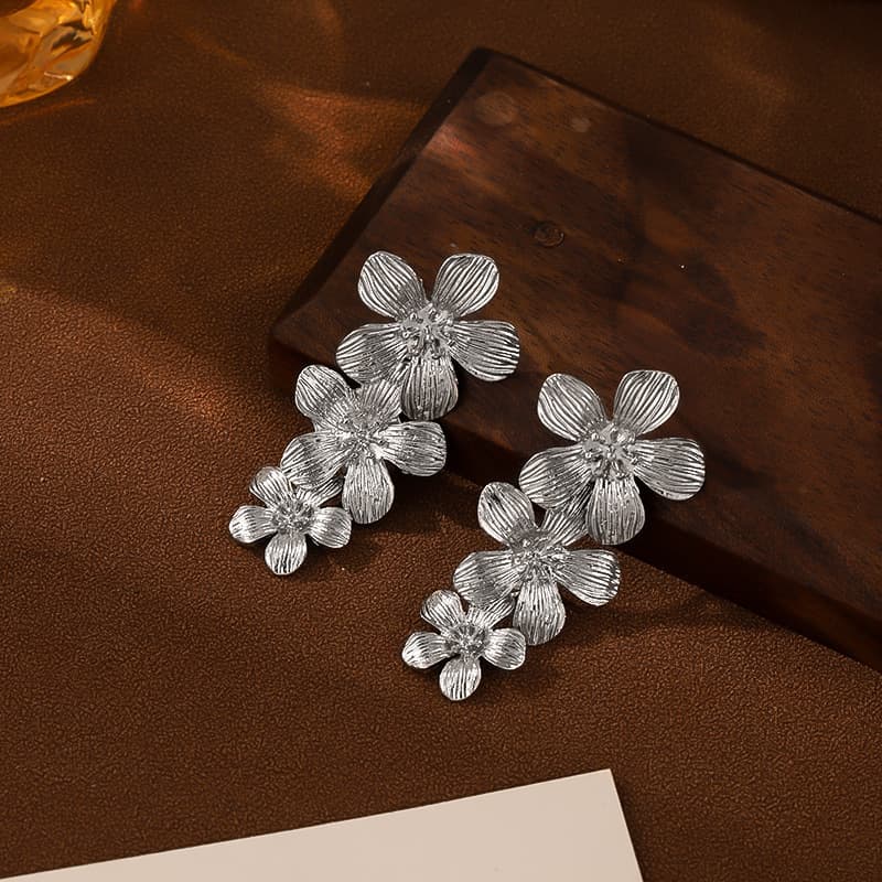 Silver Textured Cascading Floral Statement Drop Earrings for Women