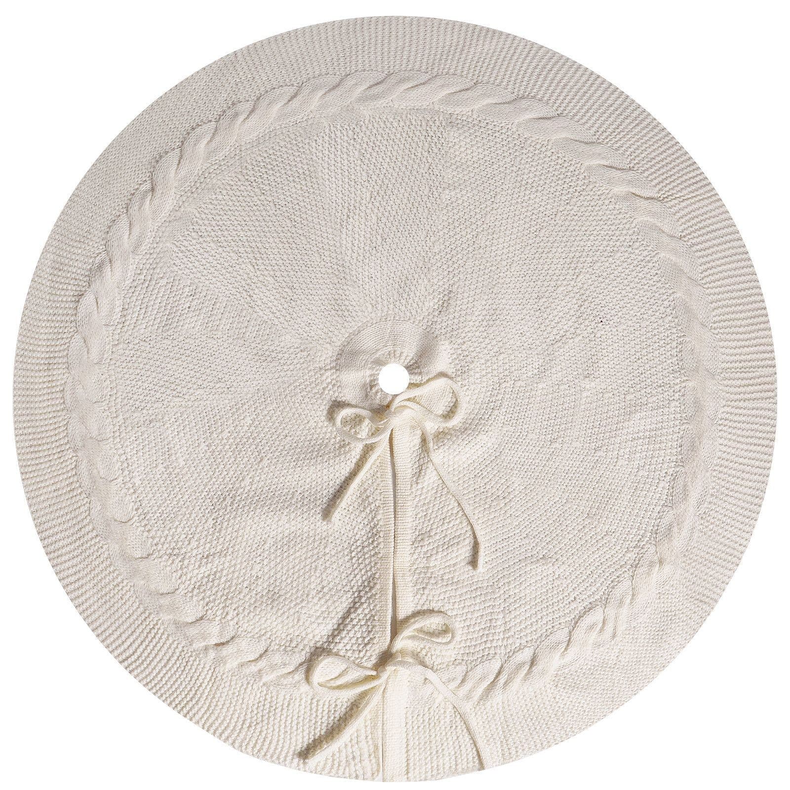 White Knit Christmas Tree Skirt with Cable-Knit Border - Rustic - Size 62 cm