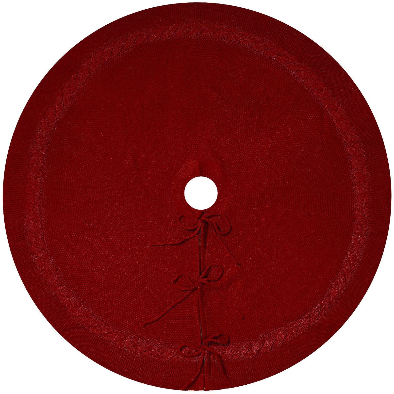 Red Knit Christmas Tree Skirt with Cable-Knit Border - Rustic - Size 122 cm