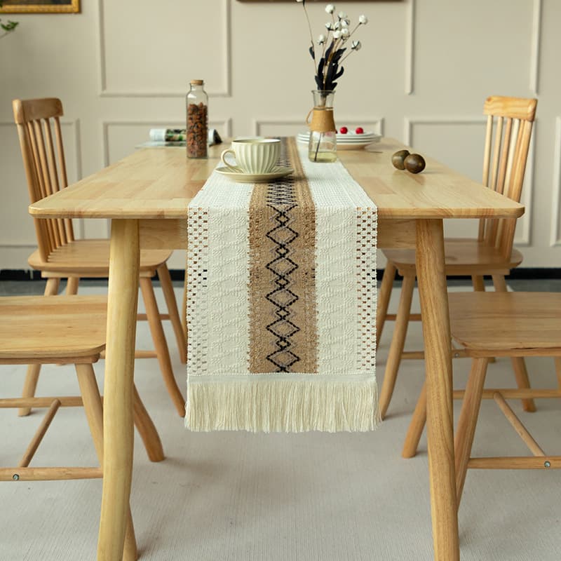 2-PCS Rhombus Bohemian Woven Table Runner with Tassels - Rustic Farmhouse