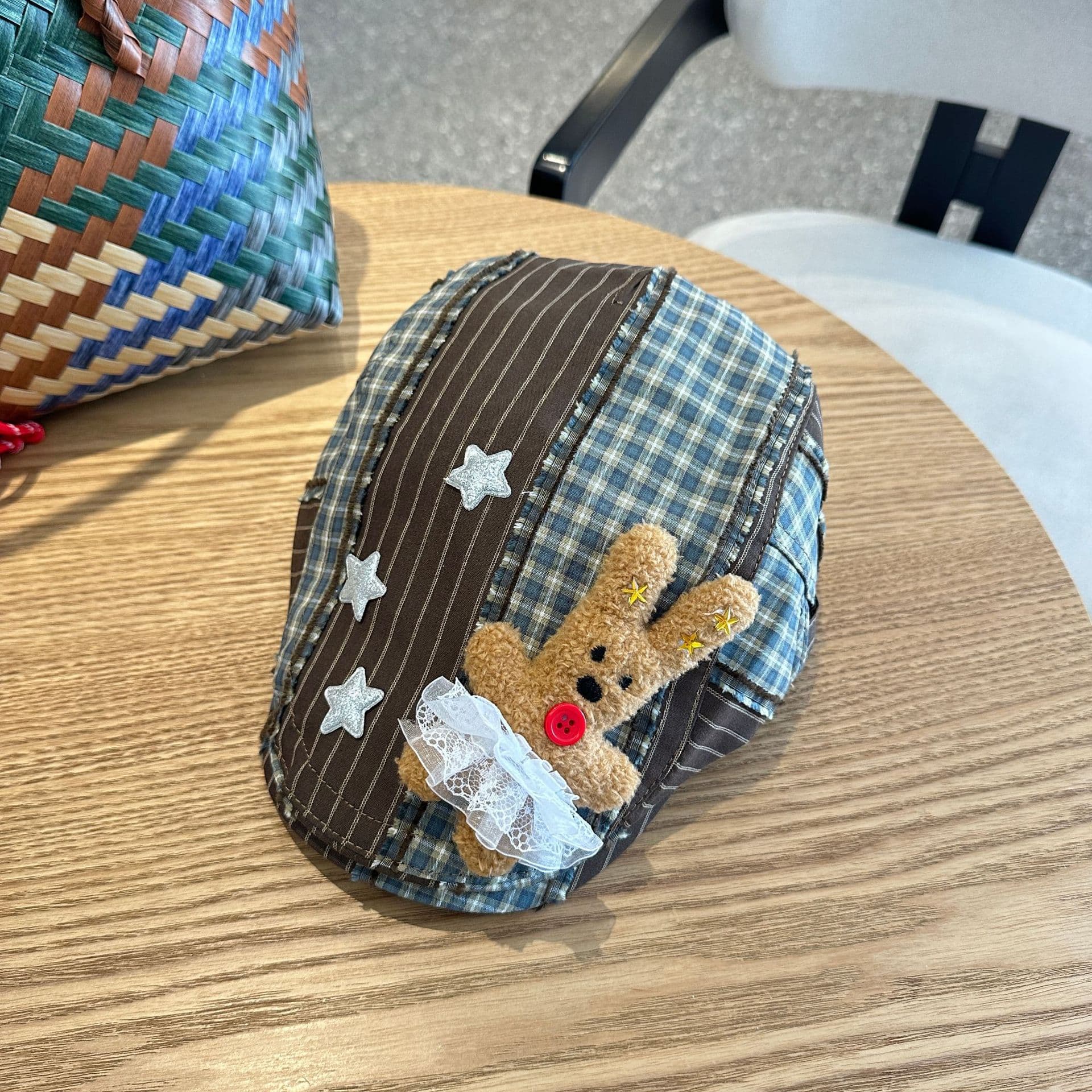 Patchwork Plaid Cotton Cap with Decorative Details (brown)
