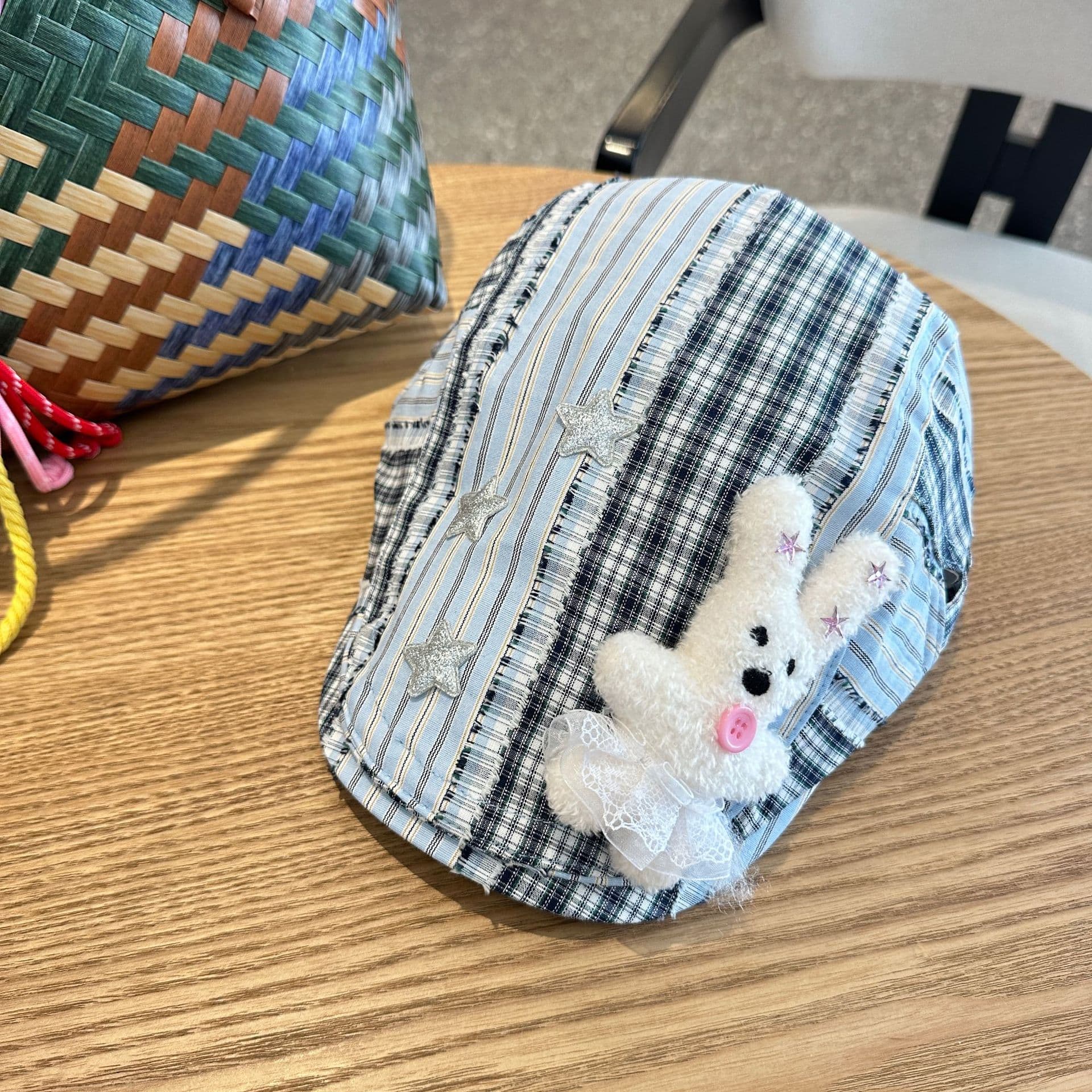 Patchwork Plaid Cotton Cap with Decorative Details (blue)