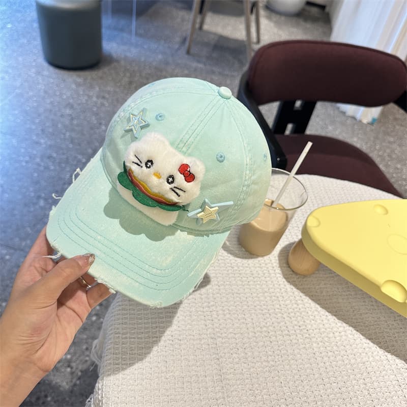 Cartoon Cat & Stars Baseball Cap - 100% Cotton, Adjustable Fit, Sun - Green