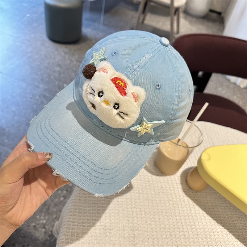 Cartoon Cat & Stars Baseball Cap - 100% Cotton, Adjustable Fit, Sun - Blue