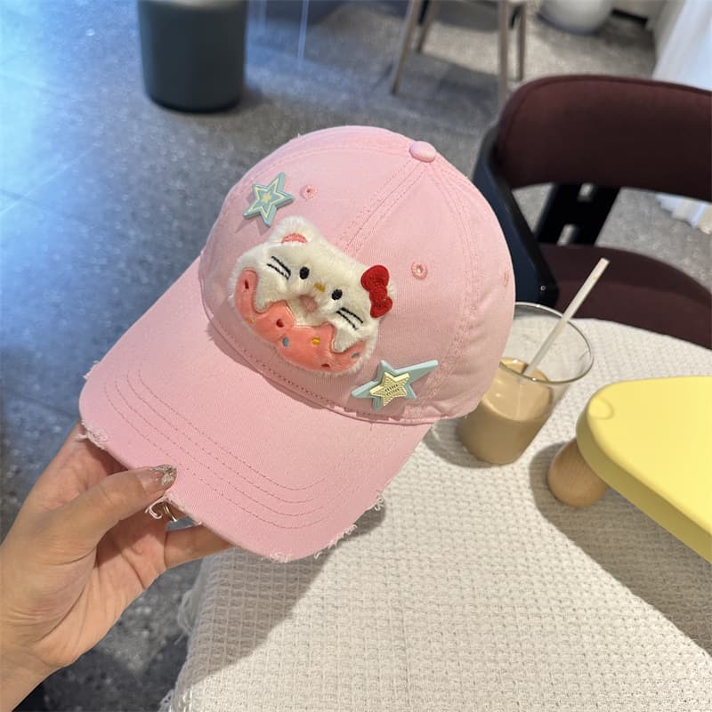 Cartoon Cat & Stars Baseball Cap - 100% Cotton, Adjustable Fit, Sun - Pink