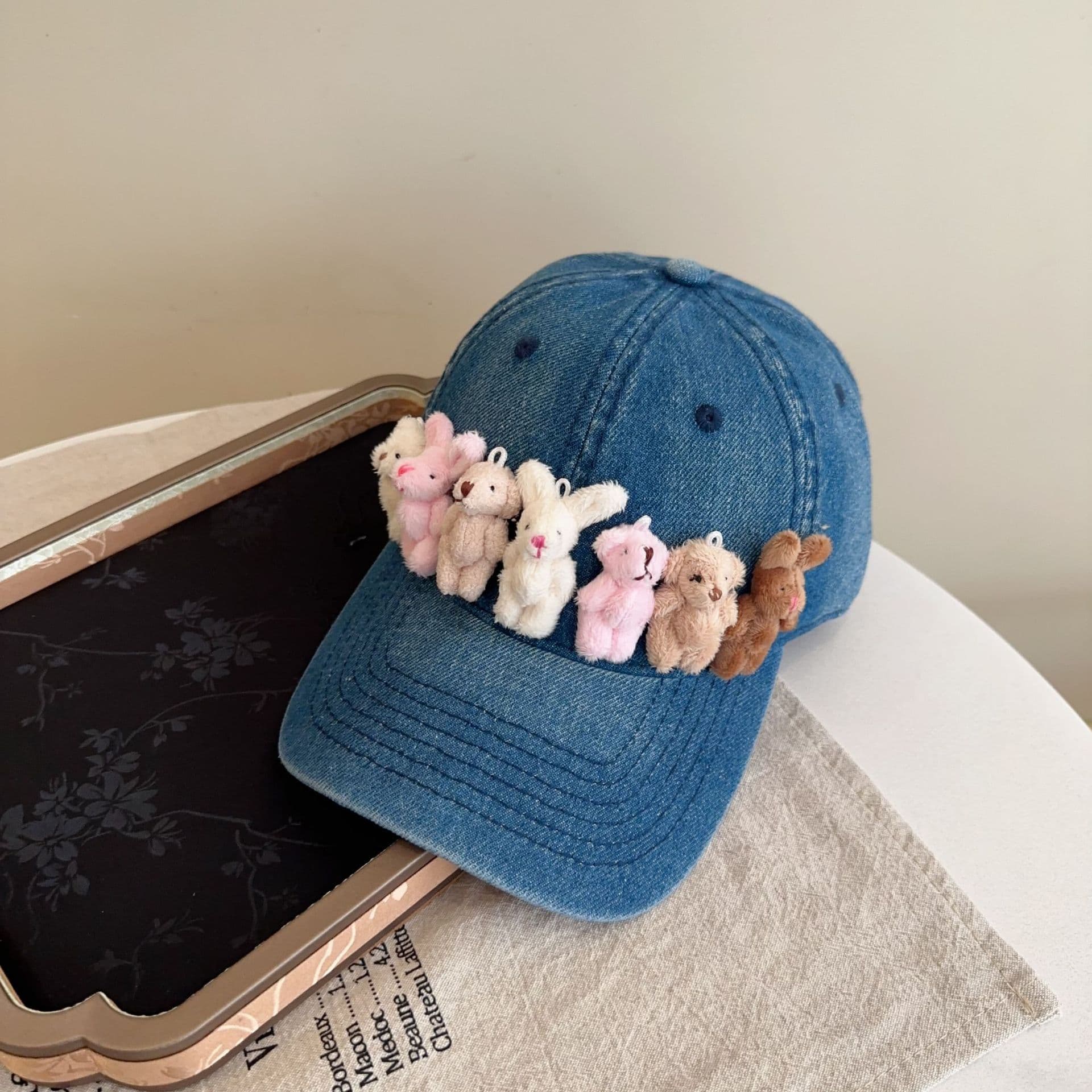 Whimsical Plush Bunny Row Denim Baseball Cap - Adjustable, Sun - Dark Blue