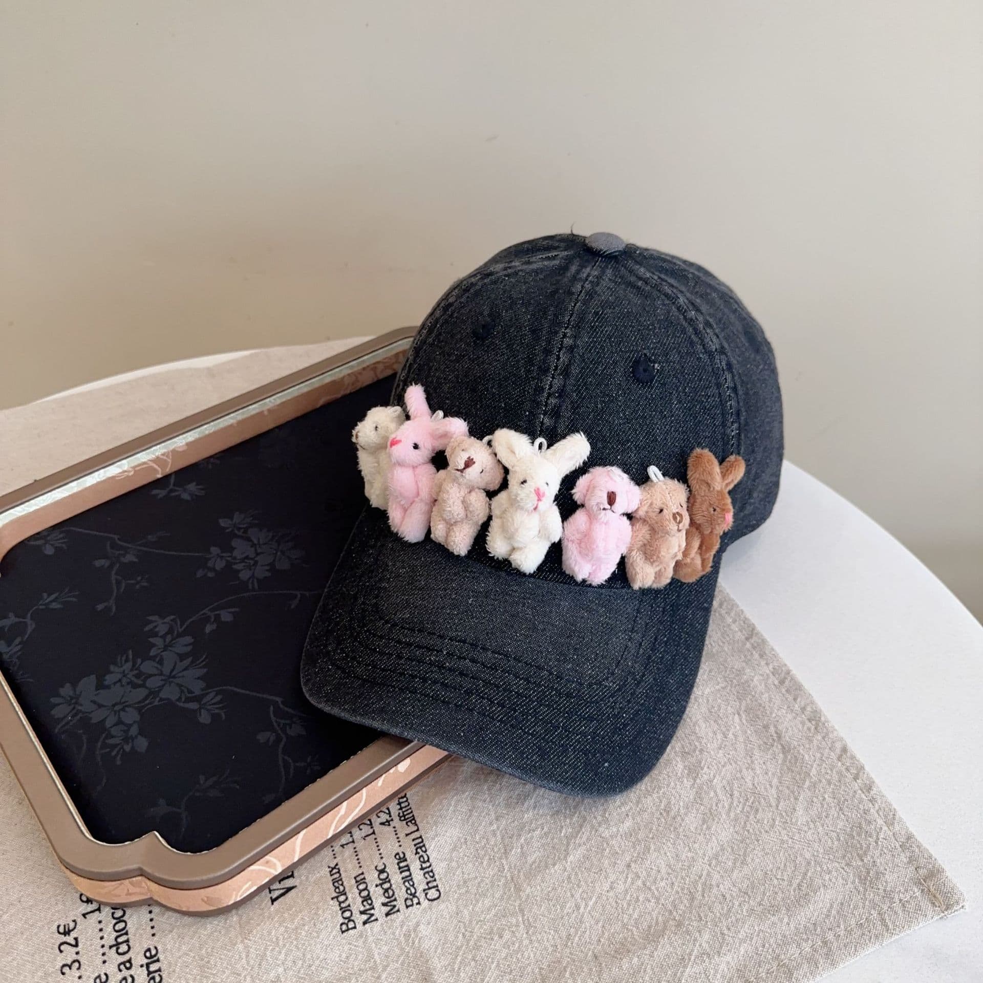 Whimsical Plush Bunny Row Denim Baseball Cap - Adjustable, Sun - Black