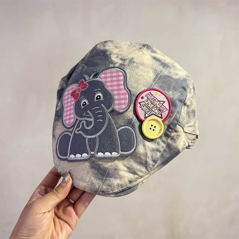 Elephant Applique Beret Hat - Soft Fabric, Adjustable Fit, Retro - Blue
